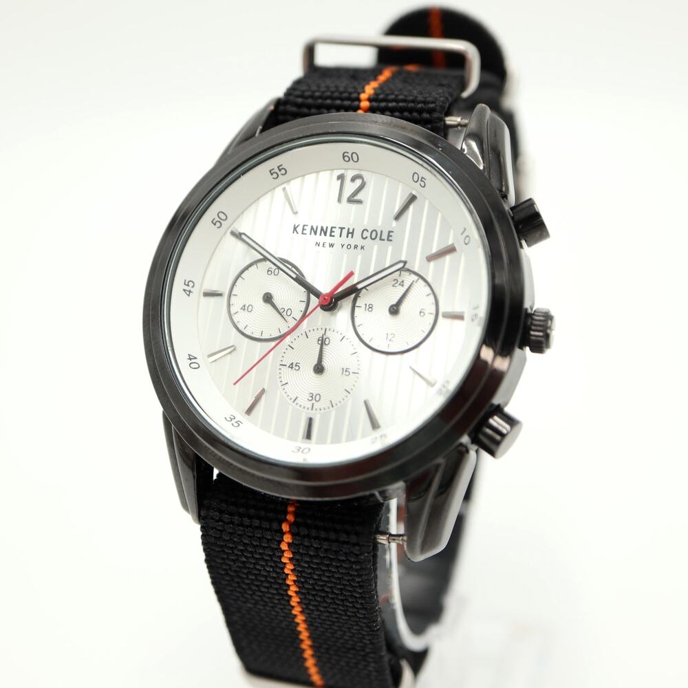 Kenneth Cole NY Mens 45mm Chronograph Watch Black Orange Nylon w New Battery